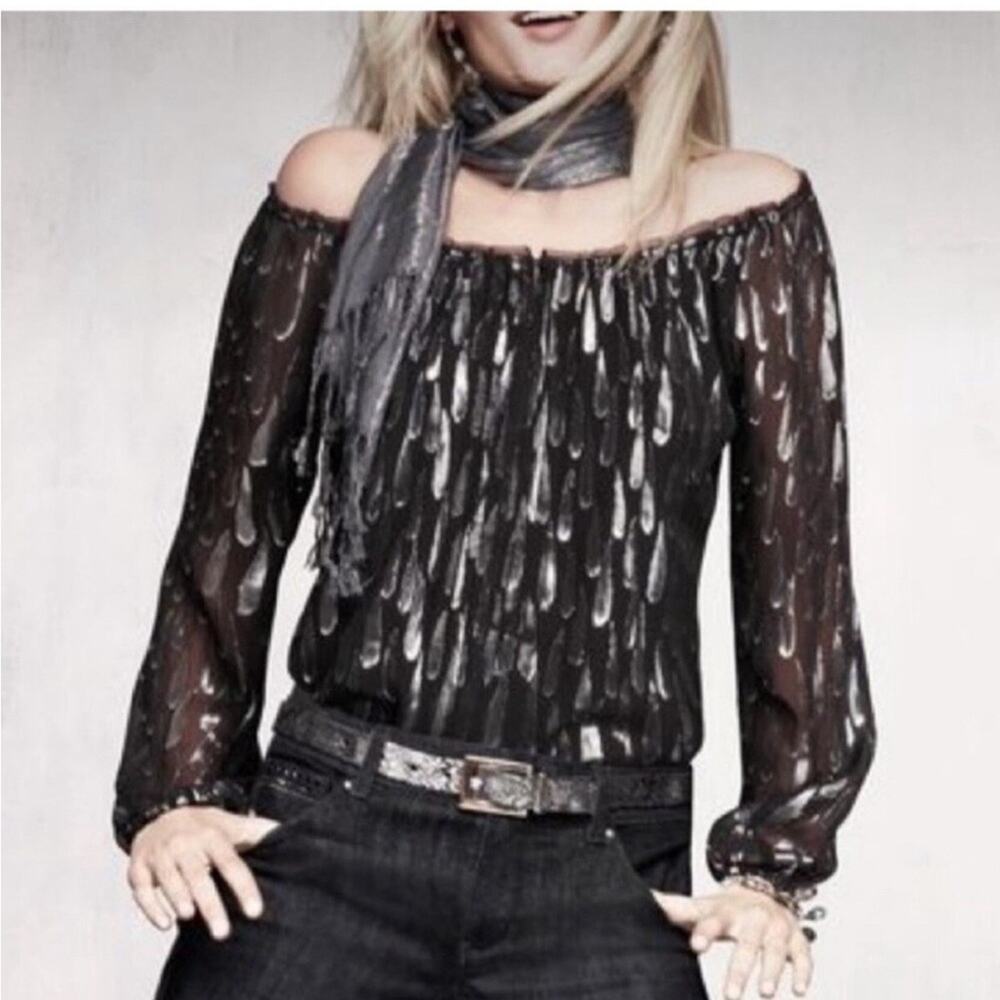 White House Black Market Black Metallic Silver Off or On Shoulder Silk Top Small